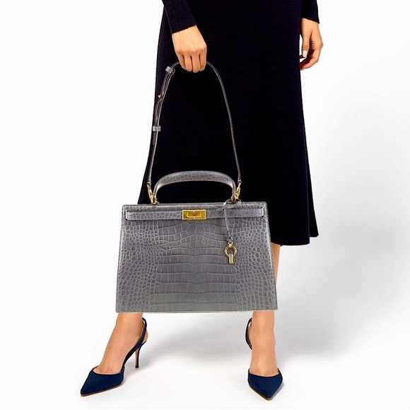 LEE RADZIWILL TORY BURCH BAG CROC EMBOSSED GREY CREAM SATCHEL SHOULDER BAG PURSE - Picture 3 of 13